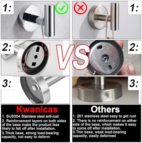 6 Pieces Polished Chrome Bathroom Hardware Accessories Set Hand Towel Ring 16&23.6 inch Round Towel Bar Toilet Paper Holder Towel Hooks 2 Pieces SUS 304 Stainless Steel,Heavy Duty,Wall Mounted - Image 6