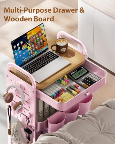 ALVOROG 3 Tier Metal Rolling Cart with Drawer,Wood Top,Pegboards,Pink - Image 6