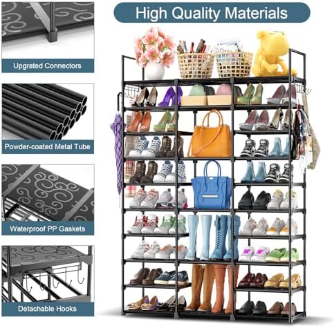 Kottwca 3 Row 10 Tier Large Shoe Rack Organizer for Closet Entryway, 60-65 Pair Shoe Boot Storage Rack, Metal Shoe Shelf Tall Vertical Stackable Shoe Stand for Bedroom Corner - Image 4