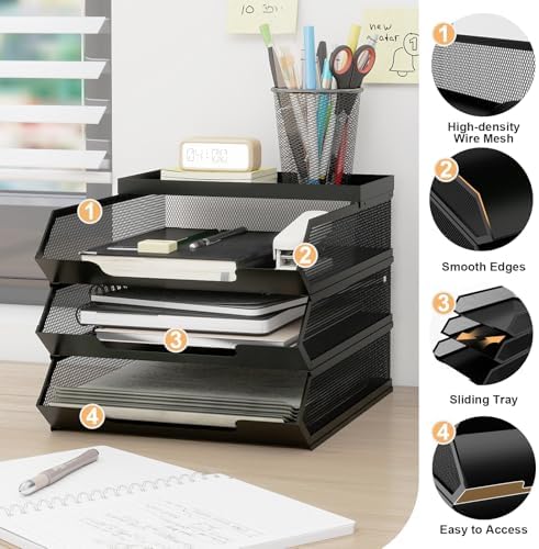 Natwind 3-Tier Stackable Metal Mesh Paper Organizer with Sliding Tray,Black - Image 6