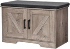 HOMSHO Farmhouse Shoe Storage Bench with 2 Barn Doors & Padded Seat Cushion by HOMSHO