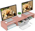 WESTREE Dual 3 Shelf Computer Riser with Drawer, Adjustable Length and Angle, Desktop 2 Monitor Stand Storage Organizer by WESTREE