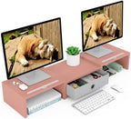 WESTREE Dual 3 Shelf Computer Riser with Drawer, Adjustable Length and Angle, Desktop 2 Monitor Stand Storage Organizer by WESTREE
