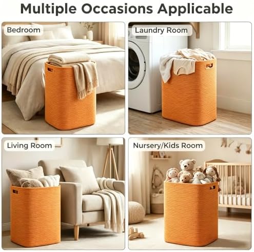 MEGASKET Orange Laundry Hamper 16"x13"x22" - Tall Woven Laundry Basket, Large Cotton Rope Clothes Hamper, Bedroom Aesthetic, Soft Kids Baby Nursery Laundry Bin, Orange Hamper for Room Decor, 75L - Image 7