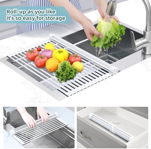 Ohuhu Over Sink Dish Drying Rack, 17.6" W x 15.4" L Roll Up Dish Racks Kitchen Sink Organizer Silicone Wrapped Large in Sink Dish Drying Rack Foldable Rolling Drain Mats Anti-Slip - Image 6