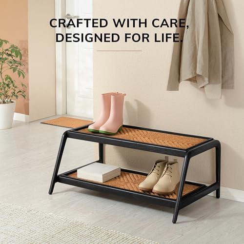 Anji Mountain Heavy Duty Waterproof Wooden Shoe Storage Mat Organizer/Boot Storage Tray Multi Use for Entryway with Coir, Tan Cross Embossed Insert, 2 Tier, Fits 6 Pair (36.5" Wide) - Image 5