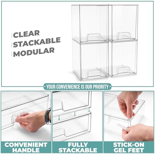 Sorbus Clear Stackable Storage Drawers (4 Pack, 7.6'' Tall) - Image 5