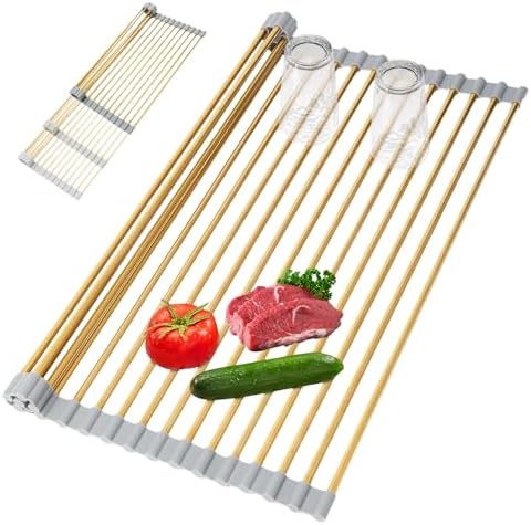 Golden Expandable Roll-UP Dish Drying Rack-Large 304 Stainless Steel Dish Drainer Over The Sink for Kitchen Countertop,Extendable & Rollable & Food Grade (Gold,22.08'x 13.2') by HAYAWEY