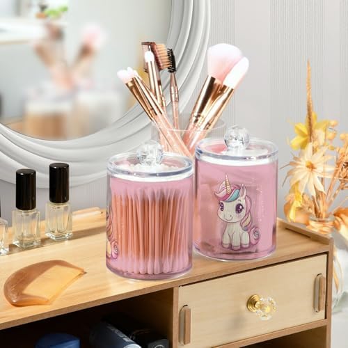 Fustylead 4 Pack Cute Cartoon Pink Unicorn Plastic Apothecary Jars with Lid, Bathroom Vanity Storage Organizer Canister for Qtip, Cotton Ball, Swab, Round Pads, Floss - Image 5