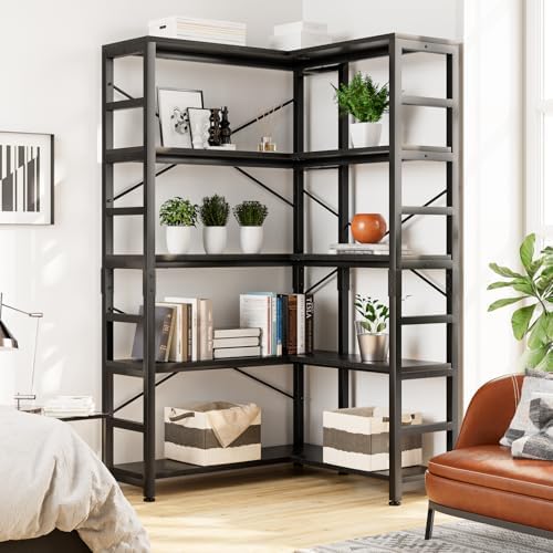 NUMENN 5-Tier Corner Bookshelf, L-Shaped Corner Bookcase, Black - Image 4
