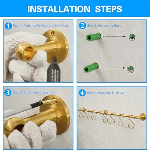 31 Inch Brass Pot Rack Wall Mounted, Kitchen Rail with Hooks for Pots, Pans, Mugs and Utensils, Segmented Wall Hanging Rack, Includes 8 S-Hooks - Image 4