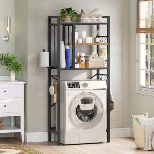 YATINEY Over The Toilet Storage Rack, 3-Tier Bathroom Organizer Shelf, Above Toilet Storage with Paper Holder 8 Hooks, Over The Toilet Storage Cabinet for Bathroom, Rustic Brown and Black TR06BR - Image 5