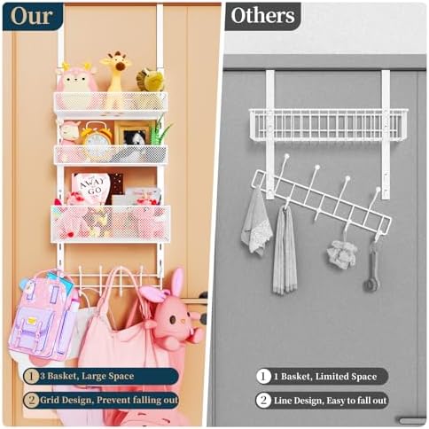 Consumest Over The Door Hooks Organizer - 4 Tier Door Coat Rack with 3 Baskets & 12 Hooks, Stainless Steel Towel Hanger for Bedroom, Bathroom, Living Room, White - Image 3