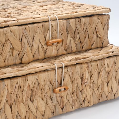 Wicker Storage Basket with Lid, Flat Water Hyacinth Baskets, Shallow Woven Basket for Shlef, Decorative Storage Boxes for Organizing - Image 2