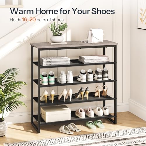 HOOBRO Shoe Rack, 5 Tier Shoe Storage Organizer with 4 Oxford Fabric Shelves and Top Panel, Holds 16-20 Pairs of Shoes, for Entryway and Closet, Industrial, Greige and Black BG50XJ01 - Image 5