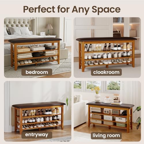 Shoe Rack Bench Entryway, Solid Wood with Leather Cushion 39.3" - Image 7