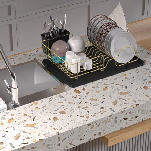 Buruis Dish Drying Rack for Kitchen Countertop, Large Capacity Gold Stainless Steel Dish Drainer with Anti-Slip Rubber Feet, Removable Drain Board and Utensil Holder (Black Tray) - Image 5