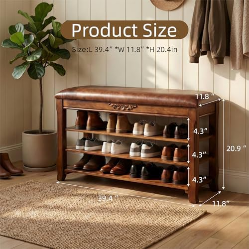 Shoe Rack Bench Entryway Storage with Leather Cushion, 39.4" - Image 2
