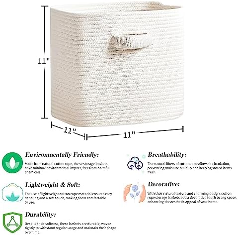 RUNKA Storage Cube Baskets - 3 Pack - 11 inch Square Baskets for Closet, Woven Bins - Ideal for Toy Storage | White - Image 2