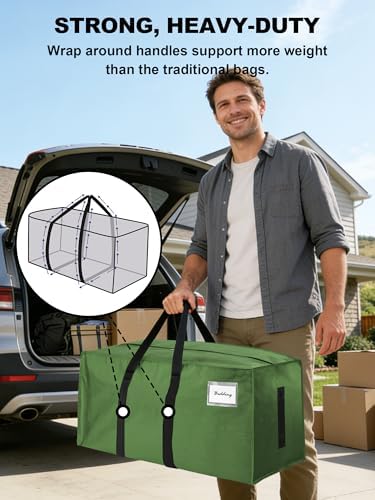 HOMESURE Supports 200lbs Heavy Duty Moving Bags - Strong Zipper & Wrap-Around Handles - Water-Resistant Storage Totes, Durable Alternative to Moving Boxes - 8 Pack - Olive Green - Image 2