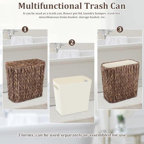Wicker Trash Can with Lid and Liner, Handwoven Wicker Waste Basket, Water Hyacinth Bathroom Trash Can, Boho Rattan Garbage Wastebasket for Bedroom Home Living Room Office, 2.5 Gallon, Espresso - Image 4
