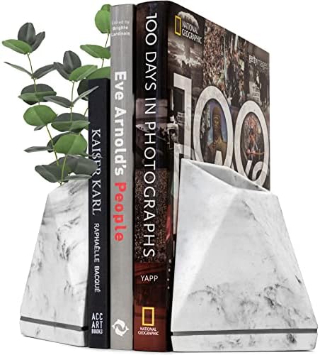 Marble Style Bookends - Decorative, Heavy Duty Book Holder for Shelves, Non Skid, Unique Design (White) by Bdecor