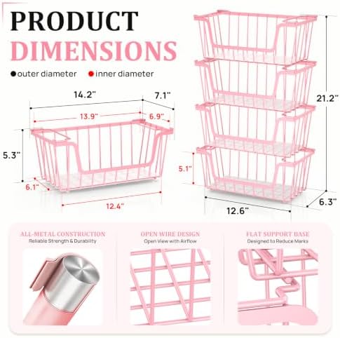 SUNALLY Stackable Storage Bins 6 Pcs Wire Baskets Freezer Organizer, Pink - Image 2