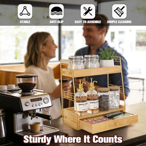Coffee Bar Station Organizer with Drawer, 2-Tier Countertop Shelf (Natural) - Image 6