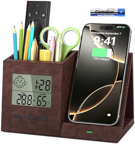 Desk Organizer with Wireless Charger, Digital Clock, Thermometer & Hygrometer - Multi-Functional Pencil Holder, Office Desk Accessories Storage Caddy for Home, Office, Men, Women (Battery Included) by wirelessfuturecharger