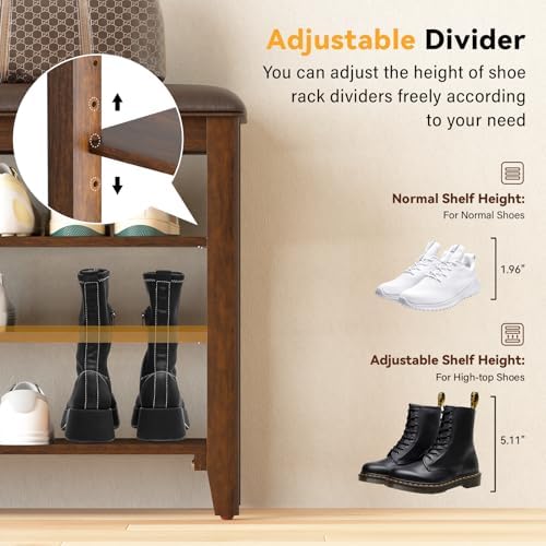 Taitiy Shoe Bench with 3 Tier Adjustable Shelves Rubberwood Entryway 31.5'' - Image 6