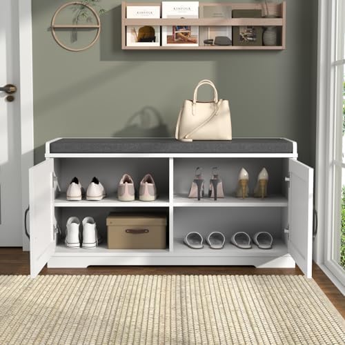 Loomie Shoe Storage Bench, 2-Tier Farmhouse Entryway Bench with Padded Seat Cushion, 13.78" D x 39.37" W x 19.69" H, Slim Shoe Cabinet Bench for Entryway, Living Room, Bedroom (White) - Image 3