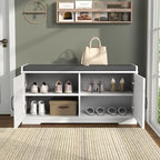 Loomie Shoe Storage Bench, 2-Tier Farmhouse Entryway Bench with Padded Seat Cushion, 13.78" D x 39.37" W x 19.69" H, Slim Shoe Cabinet Bench for Entryway, Living Room, Bedroom (White) - Image 3