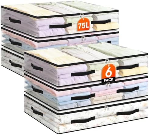6 Pack Under Bed Storage Bags, 75L Foldable Clear Containers with Handles by Unknown