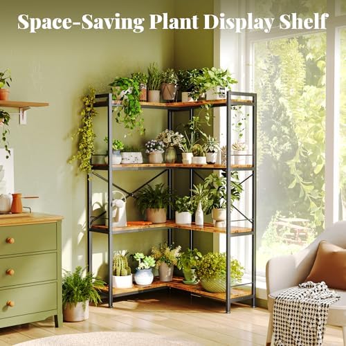 Huuger 4 Tier Bookshelf, L Shaped Corner Bookshelf with 8 Open Shelves, 49.4 Inch Straight Wide Bookcase with Metal Frame and Wooden Board, Adjustable Feet, Rustic Brown - Image 4