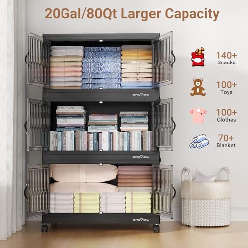 BROVIEW 400Qt Stackable Storage Bins with Lid, Extra Large Closet Organizer Collapsible Drawer Boxes with Wheels, Folding Plastic Cabinet Containers for Home Kitchen Room Organization, 5Pack Black - Image 4