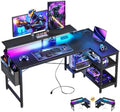 ODK 48 Inch L Shaped Gaming Desk with LED Lights, Power Outlets, Black by ODK