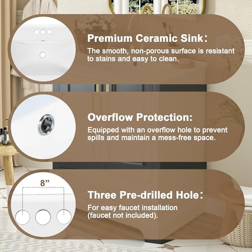 Harper & Bright Designs 24" Bathroom Vanity with Sink, Free Standing Single Basin Vanity with Divided Drawer & 2 Doors with Double Shelf, Wooden Storage Cabinet with Ceramic Basin for Bathroom, Black - Image 7