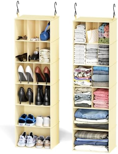 SpaceAid 2 Pack Hanging Closet Organizer and Storage with Dividers, 24 Compartments Hanging Shoe Shelves for Closet, Wardrobe, RV, Garment Rack - Beige by SpaceAid