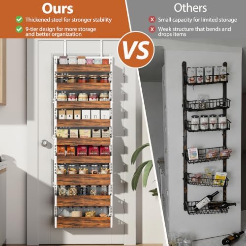 Over the Door Pantry Organizer: Pantry Organization and Storage with Hanging Basket - 9-Tier Metal Spice Rack Adjustable Shelves for Kitchen Bedroom Bathroom & Laundry Room White - Image 3