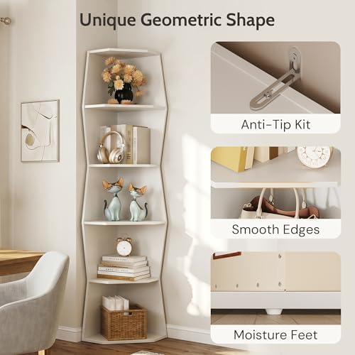 6-Tier Wavy Corner Shelf, Wooden Tall Corner Bookshelf, White - Image 6