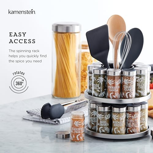 Kamenstein Salem 20-Jar Rotating Spice Rack with Spices Included, Stainless Steel Countertop Organizer with Sifter Caps and Tool Caddy, Spice Set for Kitchen Organization - Image 4