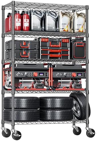 IZEUK 5-Tier Adjustable Heavy Duty Steel Wire Shelving Unit with Wheels, Storage Rack Organizer for Garage, Kitchen, Office, Laundry, Basement (Black, 17.7" D x 47.2" W x 76.7" H, 1750 lbs Capacity) by IZEUK