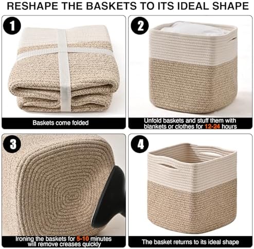 ICERZCZ 13 Inch Cube Closet Storage Bins, Woven Cotton Rope Organizer Baskets for Organizing & Shelves, Books, Towels, Clothes, Toys, 13x13x13 in, Off White & Brown (Pack of 3) - Image 7