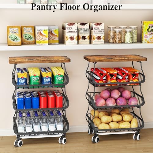 SAYZH 4-Tier Fruit and Vegetable Basket Stand for Kitchen, Wood Top, Black - Image 5