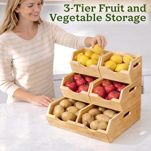 HOMESTEAD 3-Tier Bamboo Pantry Storage Bins – Stackable Potato & Onion Storage Bin with Handles, Fruit Basket & Produce Organizer for Kitchen Countertop, Pantry Organization, Set of 5 - Image 3