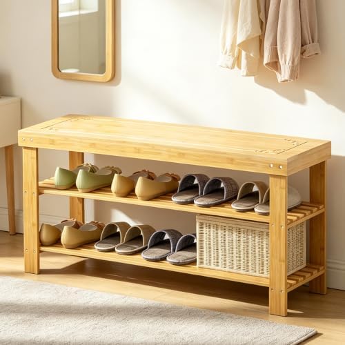 Bamboo Shoe Rack Bench 3-Tier Shoe Storage Organizer Entryway Bench for Entryway Bathroom Bedroom，Natural by HOLTPHILI