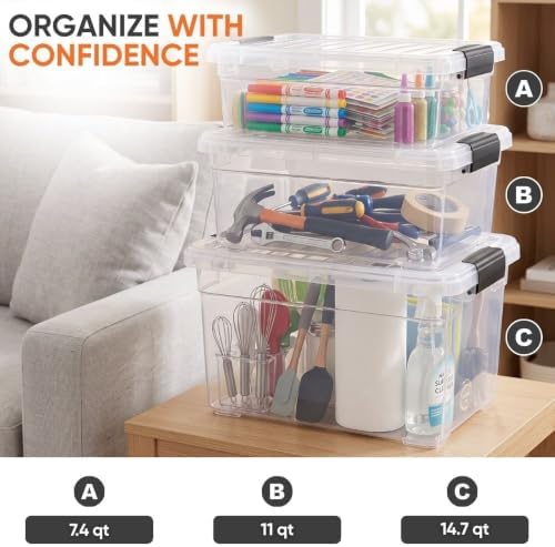 Superio 7.4 Quart Clear Plastic Storage Bin with Lid, Stackable Organizer Box, BPA-Free Storage Container for Home, Garage, School & Office, 12 Pack - Image 5