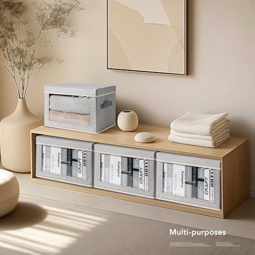 Homsorout Large Storage Baskets Bins with Lids - Stackable Cube Bins for Closet, 3 Pack Windows Organizer Bins, Home Organizers and Storage for Clothes, CD, Towels, Light Grey - Image 6