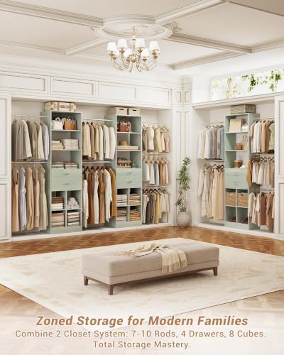 Small Closet System, 3.2-6.8FT Small Closet Organizer with 2 Wooden Drawers & 5 Hanging Rods, Can Fit 37.5 to 81.9 inch Walk-in Closet System, Built-in, Crab Green, Enclosed Storage Volume 2.32 ft³ - Image 7