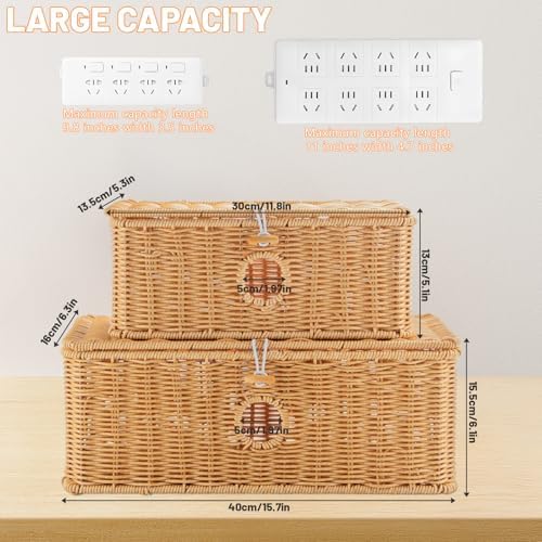 2 Pcs Handmade Cable Management Boxes Rattan Cable Organizer Large & Medium Cord Hider Organizer Boxes Power Strip Boxes Locked Cover with 2 Open Slots for Home and Workplace - Image 4